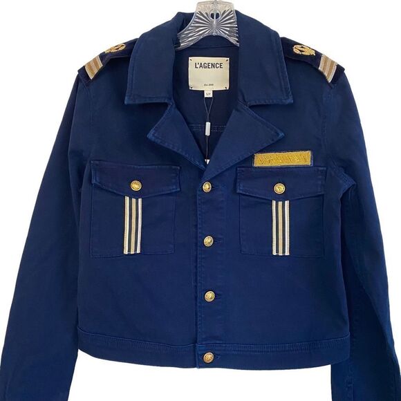 L’AGENCE Eisenhower Navy Military Crop Jacket Epaulettes Sz S NWT - Picture 2 of 12